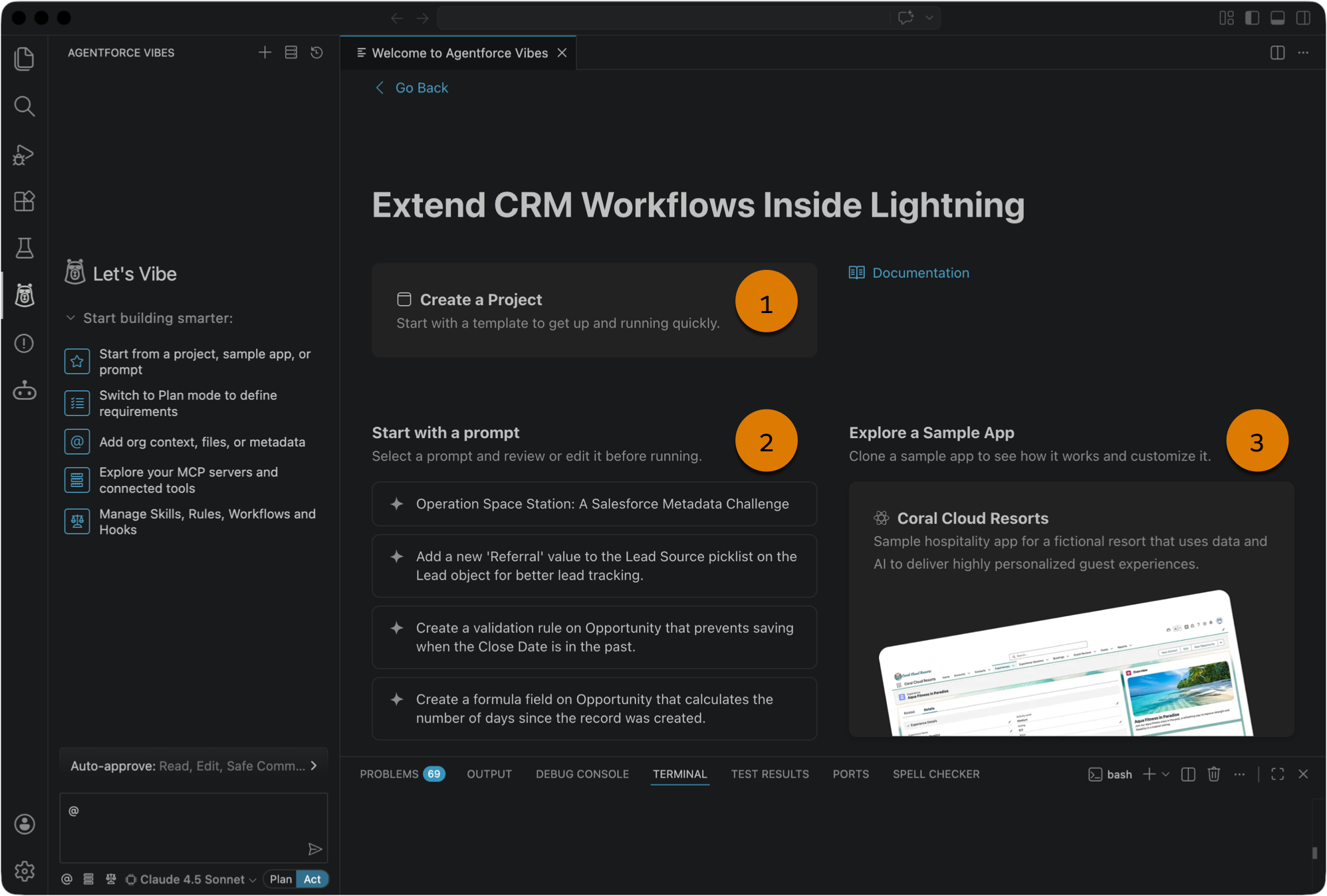 Options to create a Lightning app from a standard project template, a sample prompt, or a sample Lightning app