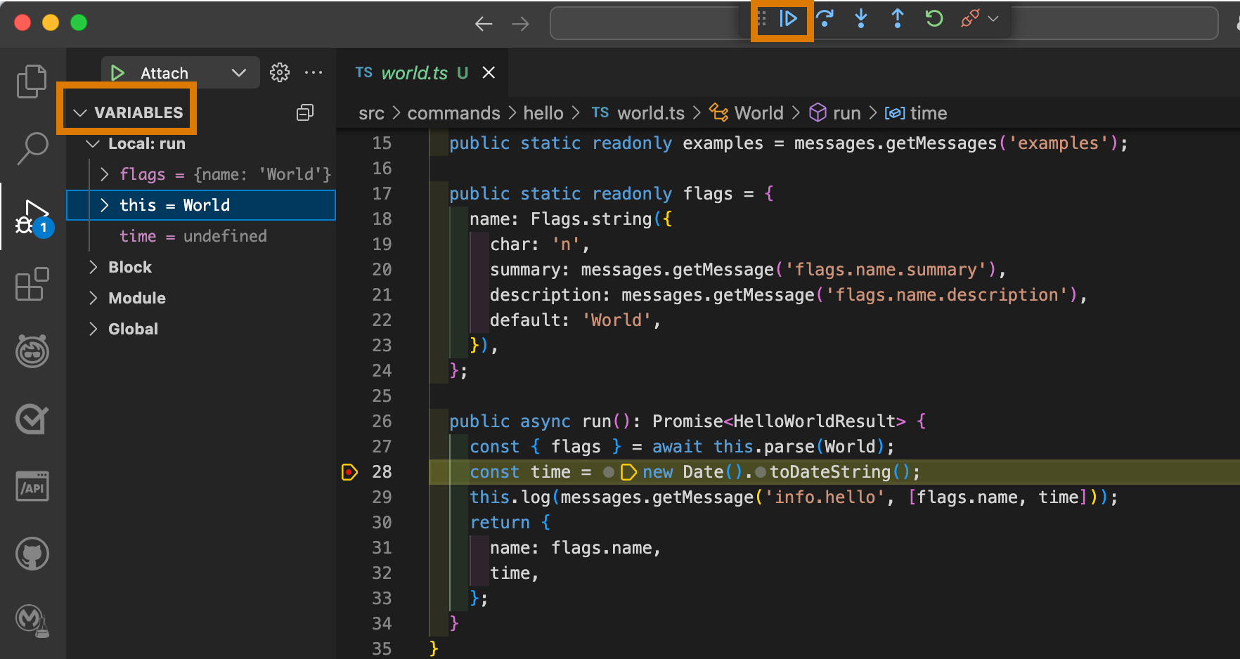 VS Code showing the Continue debugger button and the Variables section highlighted.