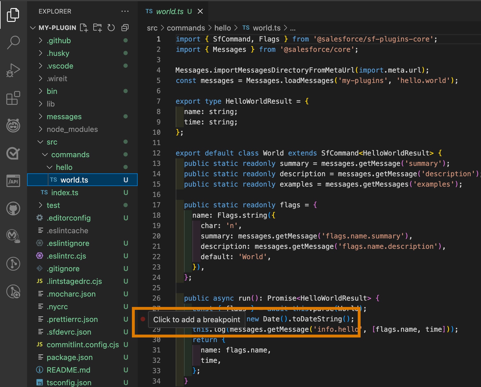 VS Code editor open to world.ts Typescript file and a breakpoint set.
