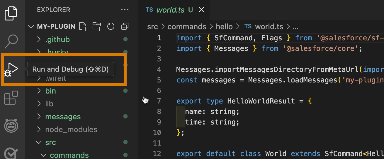 VS Code showing run and debug icon highlighted.