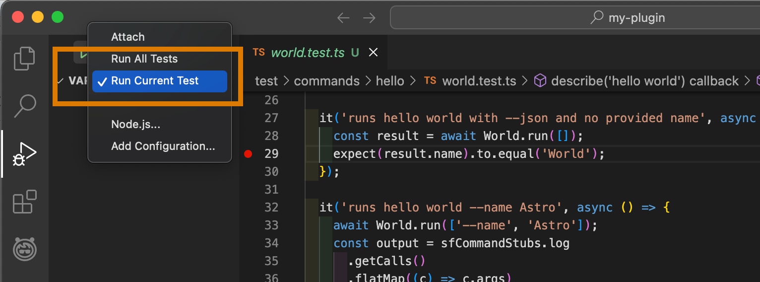 VS Code showing run current test configuration highlighted. 