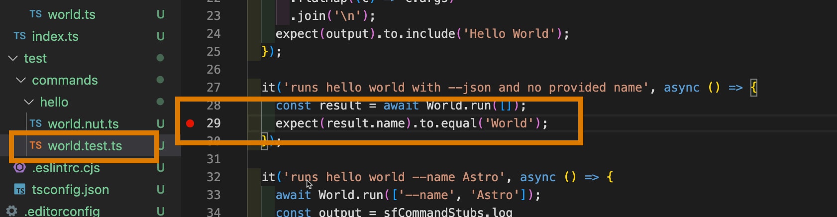 VS Code showing world.test.ts file and breakpoint highlighted.