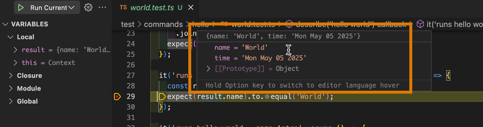 VS Code showing the result object JSON output highlighted. 