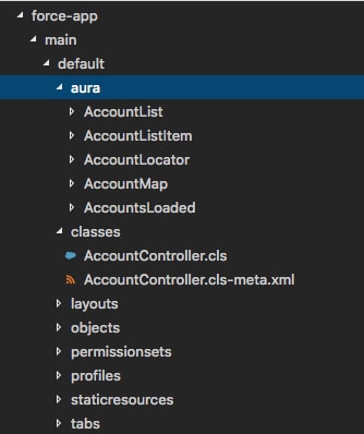 Screenshot of aura directory in a Salesforce DX project.