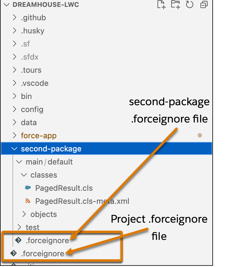 VSCode showing directory hierarchy of a DX project with the two .forceignore files highlighted.