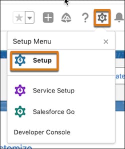 Salesforce UI showing gear box and setup highlighted.