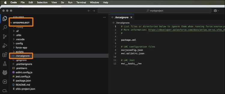 VS Code showing the open mydxproject project, with the .forceignore file open in editor.