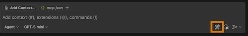 VS Code Copilot chat window with Configure Tools button highlighted