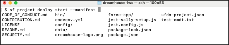 zsh terminal showing autocomplete suggestions for 'sf project deploy start --manifest' Tab.