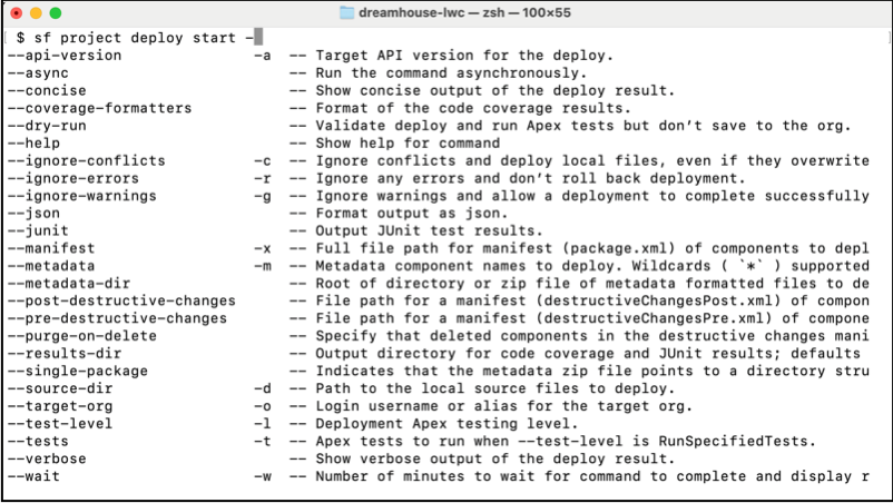 zsh terminal showing autocomplete suggestions for 'sf project deploy start -' Tab.