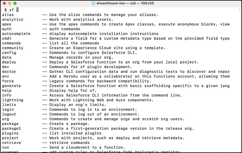 zsh terminal showing autocomplete suggestions for 'sf' Tab.