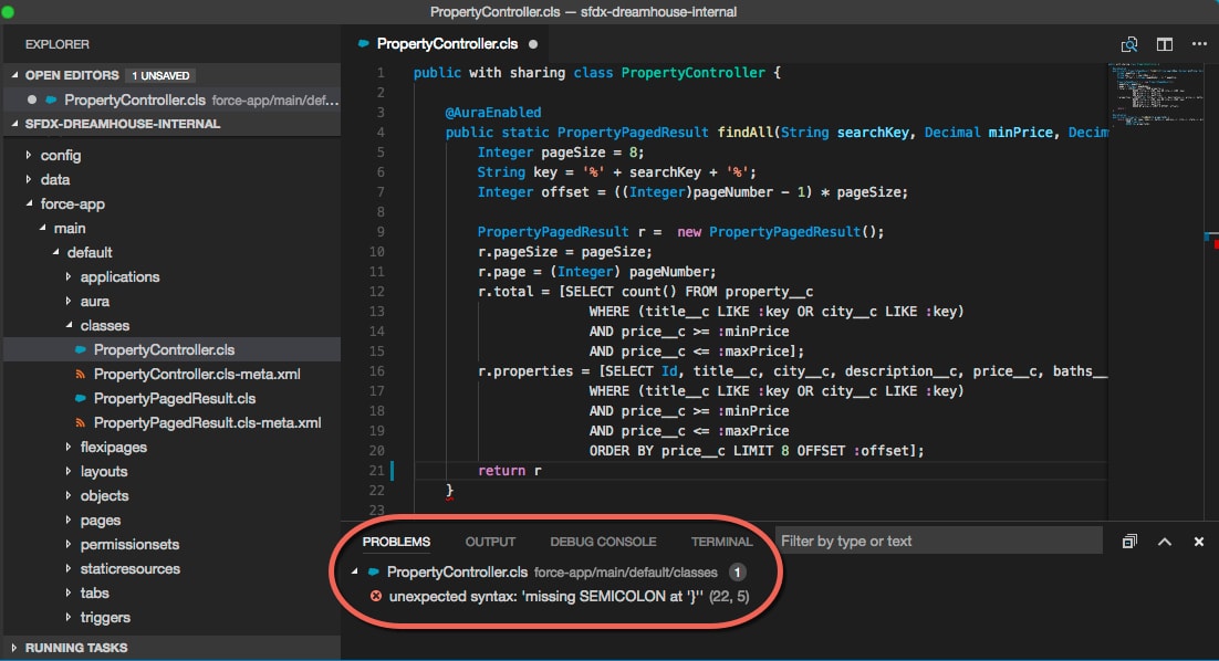 Problems view, showing a missing semicolon in an Apex class
