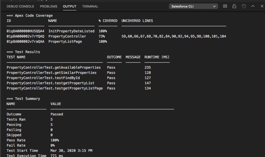Apex test results with code coverage