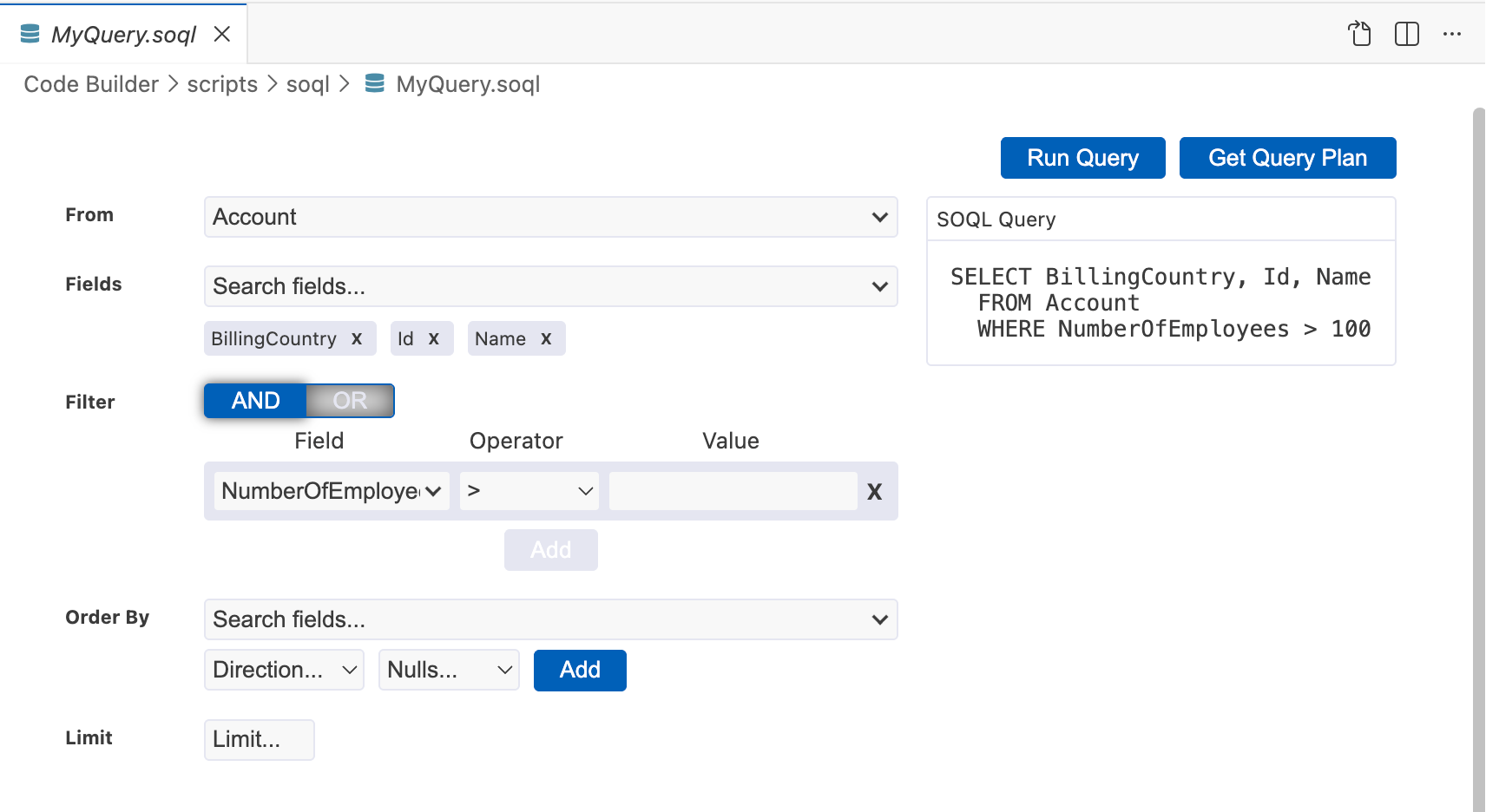 SOQL Query Builder with Accounts query