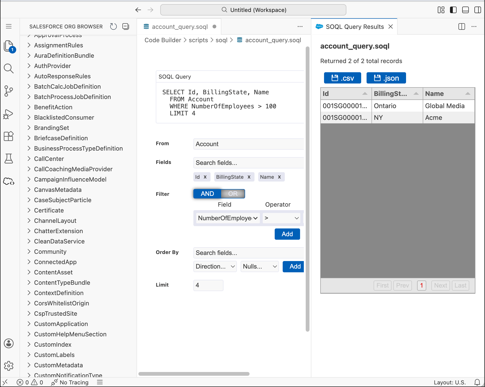 Query results displays in SOQL Builder