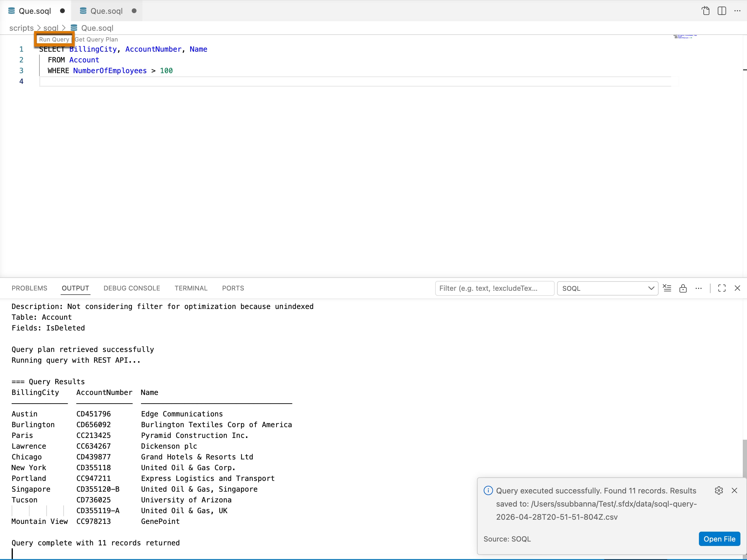 Run Query option in a text editor is highlighted