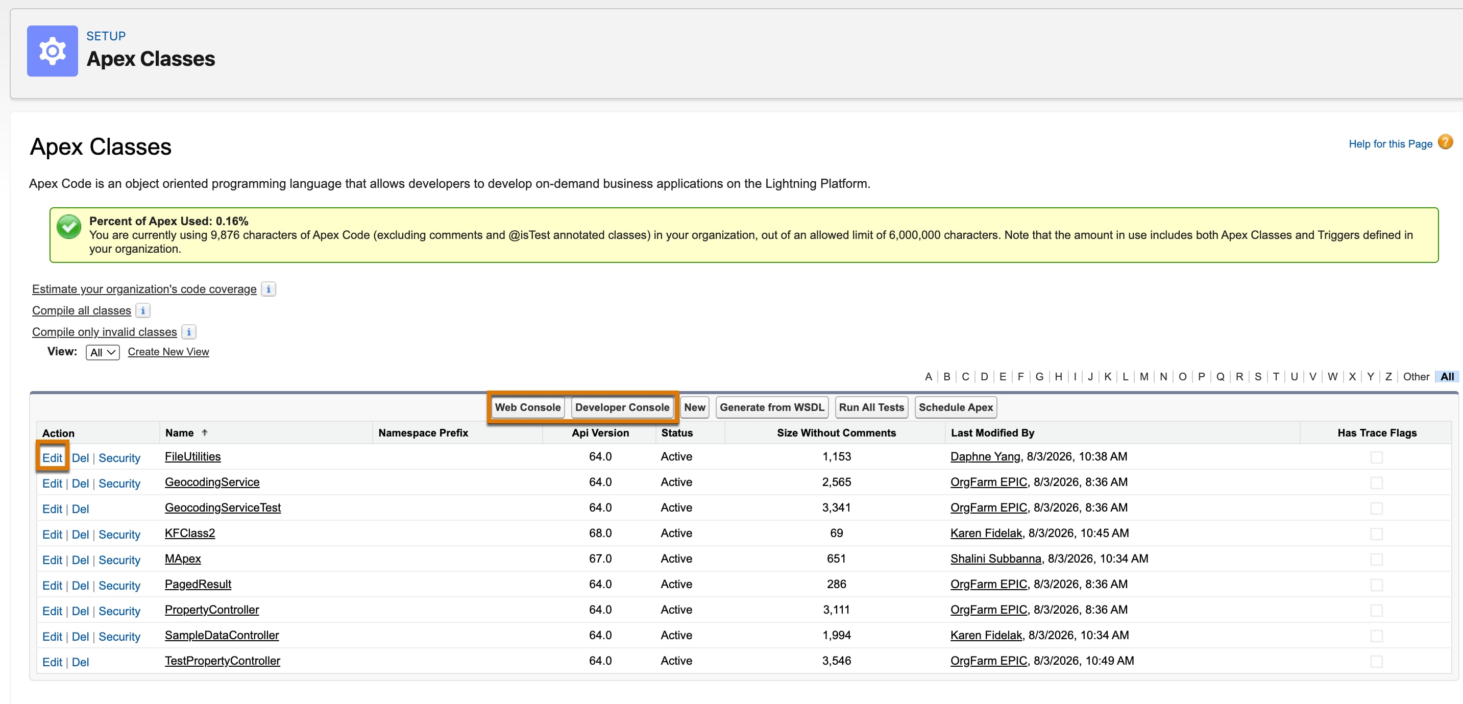 Developer Console and Web Console buttons are highlighted on the Apex Classes page