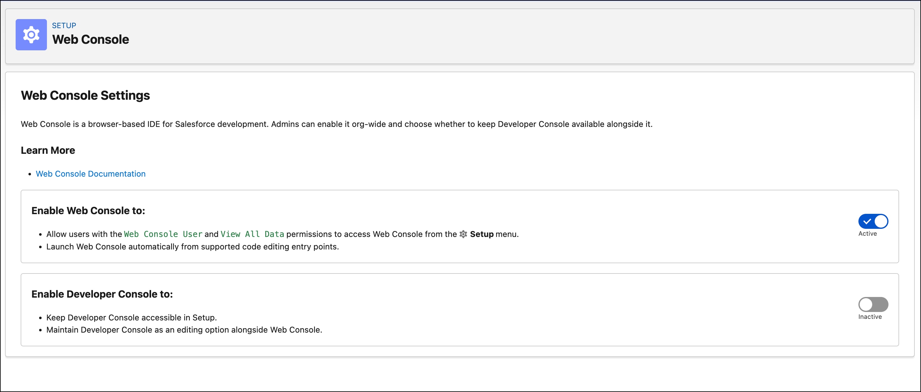 Enable the Web Console by switching the button