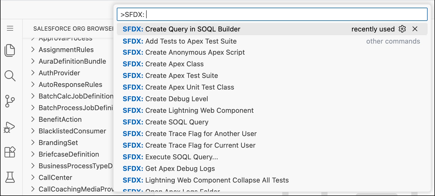 Select the SFDX: Create Query in SOQL Builder command in the Command Palette