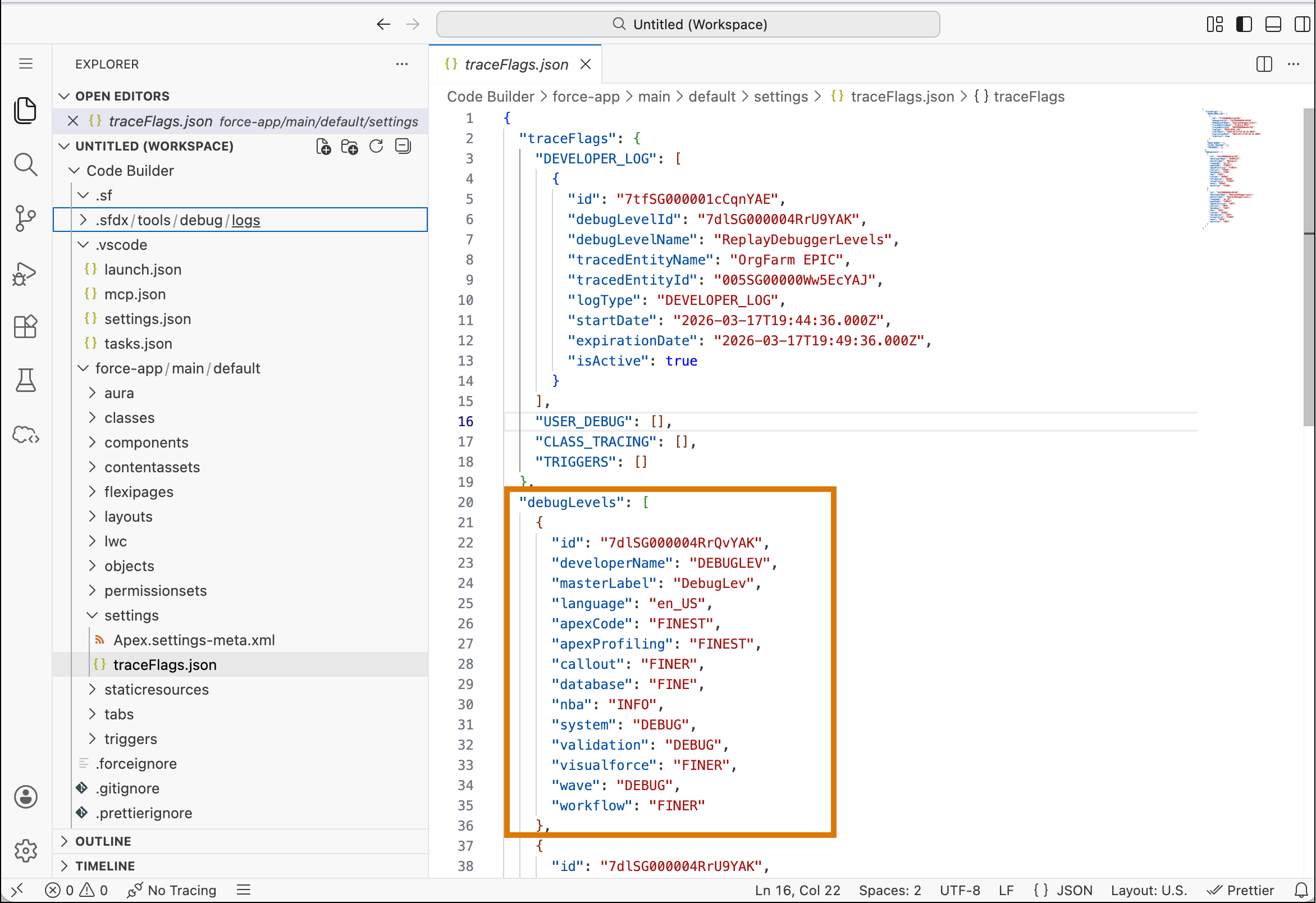 Log levels are added in the traceLogs.json file