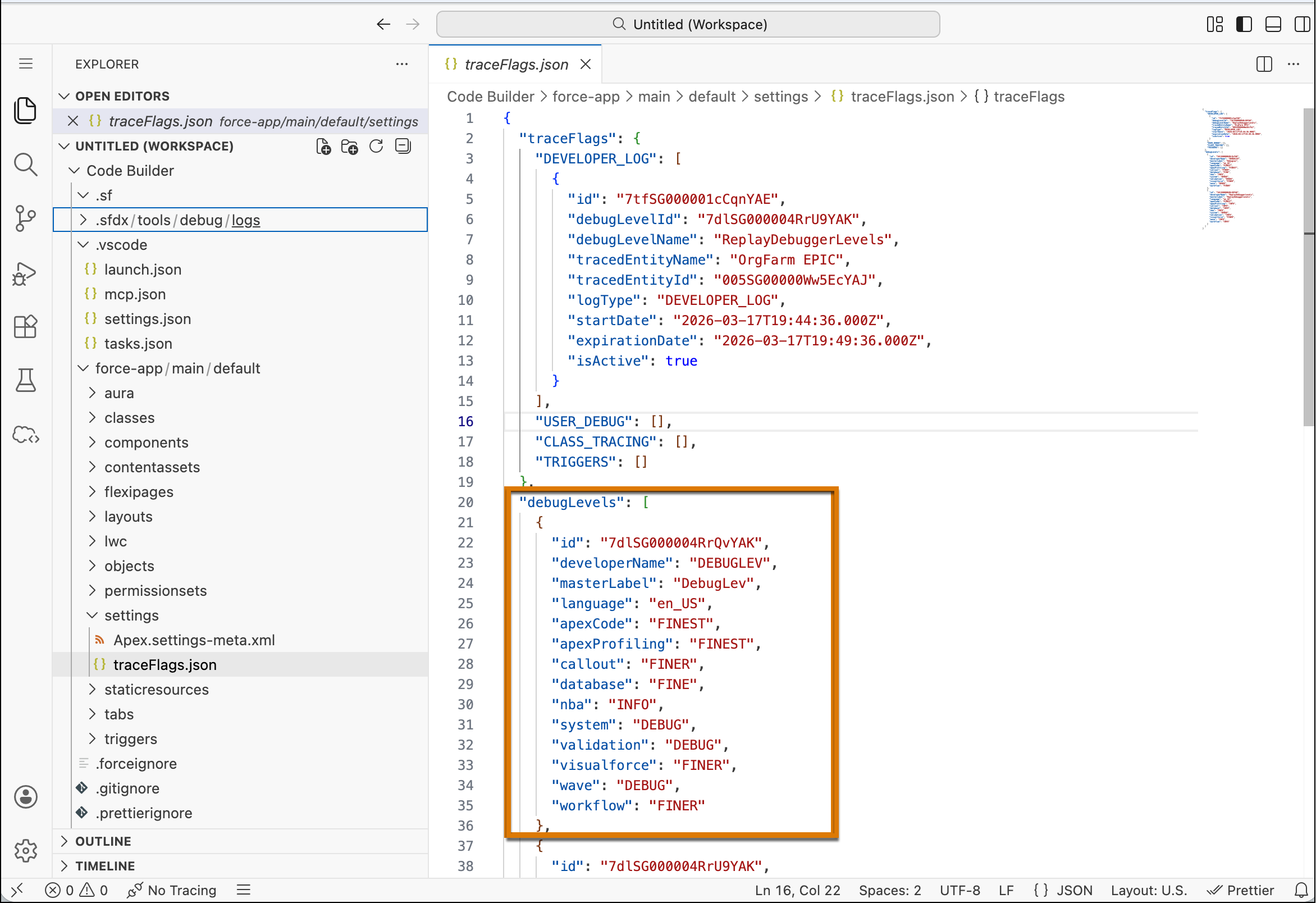 Log levels are added in the traceLogs.json file