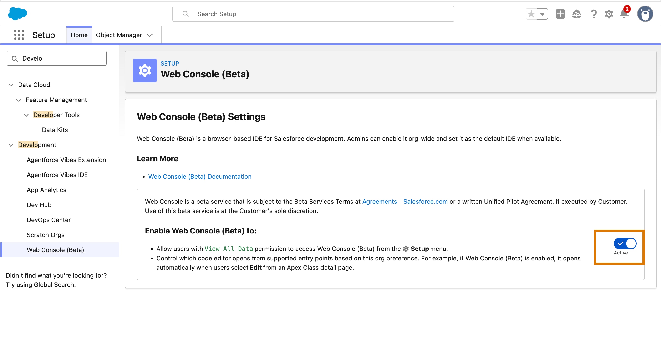Enable the Web Console by switching the button