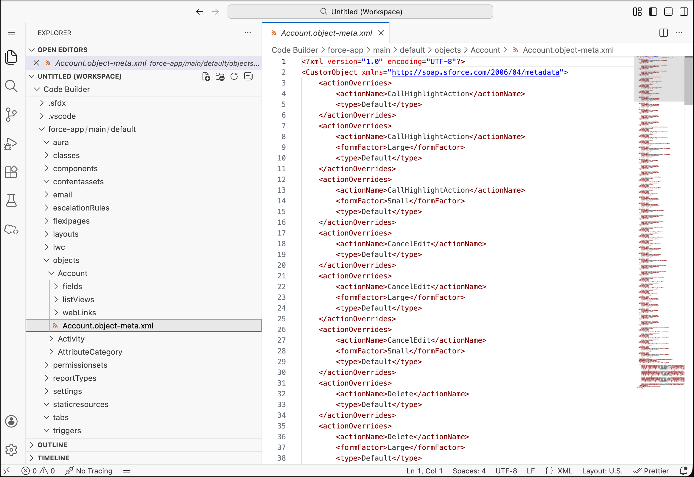 Account.object-meta.XML file is shown under the Account object folder