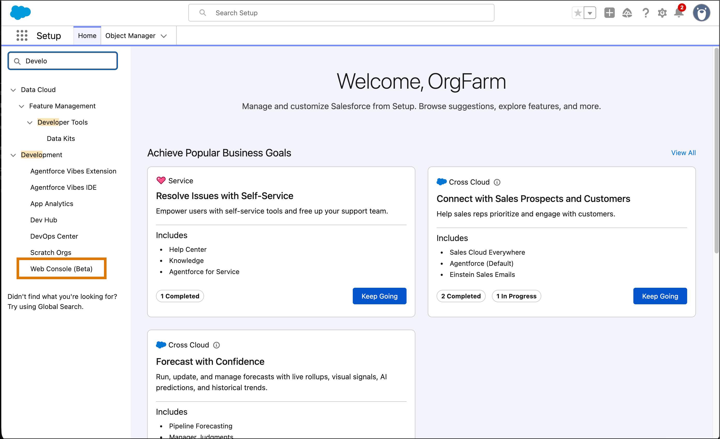 Search for Development in the setup page