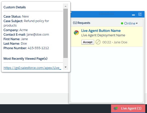 Incoming chat with Custom Details hover.