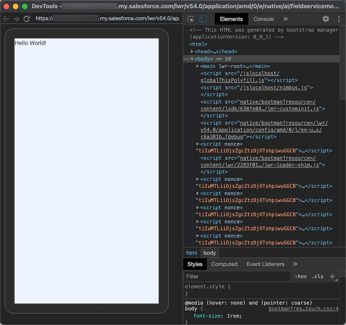 Chrome DevTools connected to the Field Service mobile app on Android, running our sample LWC