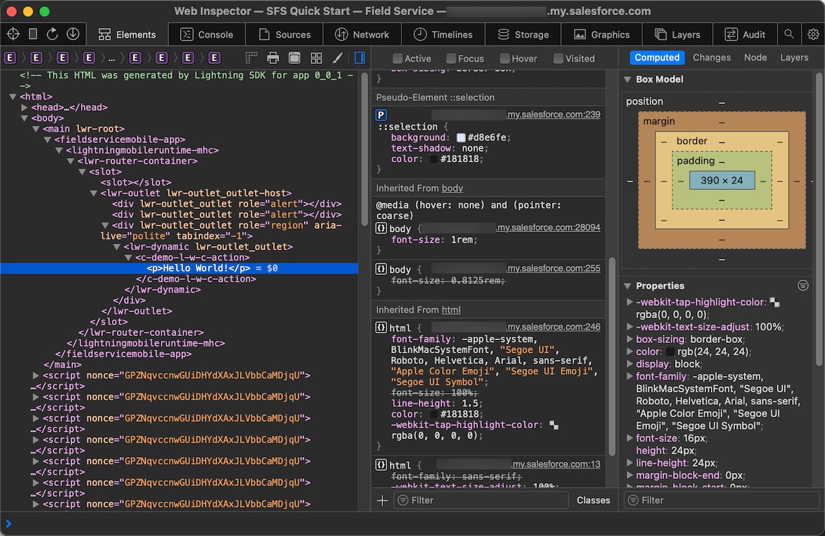 Safari Web Inspector connected to the Field Service mobile app on iOS, running our sample LWC