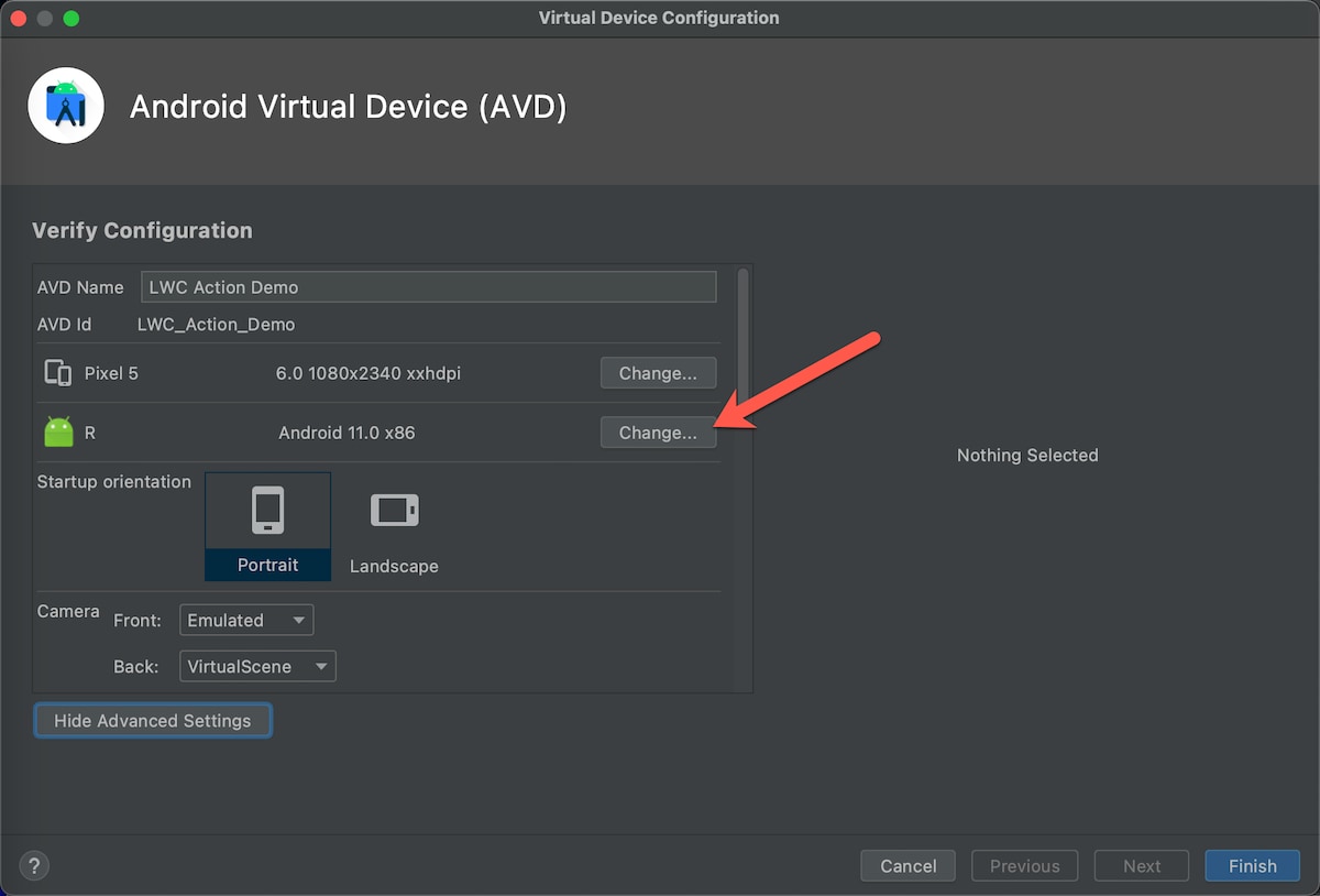 Android Studio virtual device configuration panel, API version setting