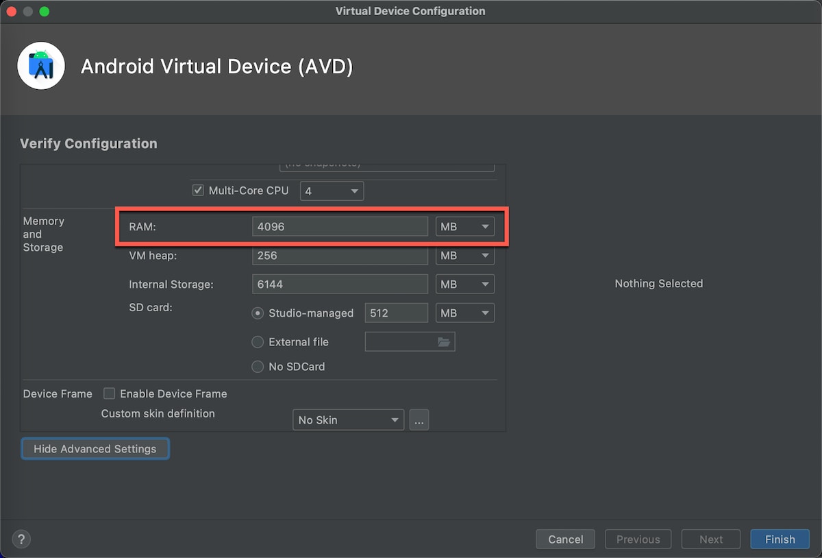 Android Studio virtual device configuration panel, memory and storage settings