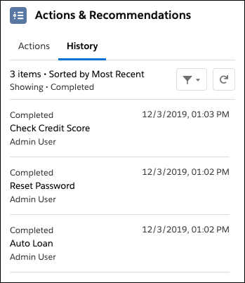 The component shows the history of guided actions.