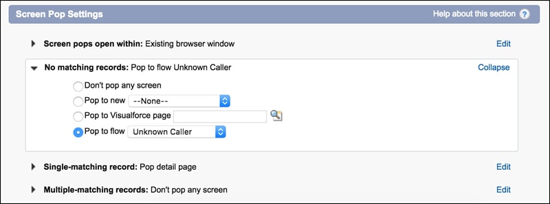 Screen shot of the Screen Pop Settings page.