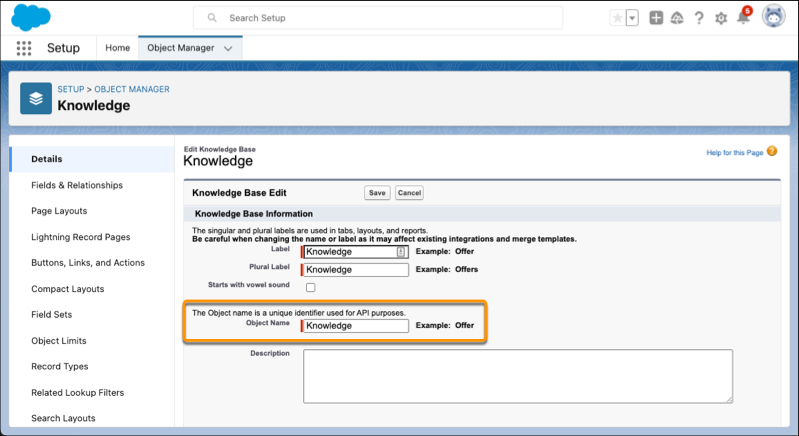 Object Manager Details tab that shows Knowledge object name that must not change.