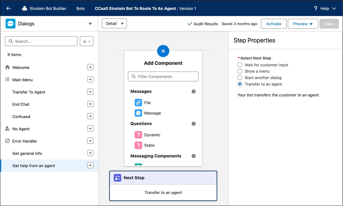 Dialog with Transfer to an agent selected as Next Step