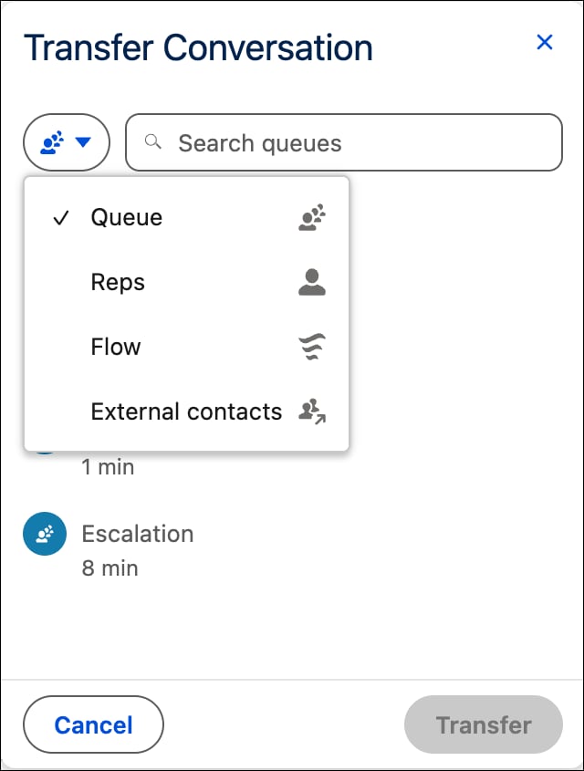 Select a transfer destination type