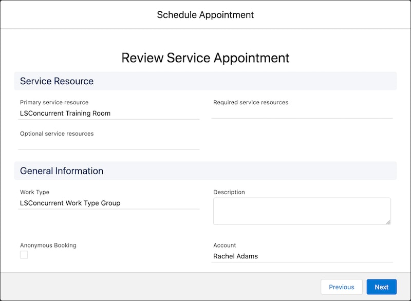 A representation of the Review Service Appointment screen.