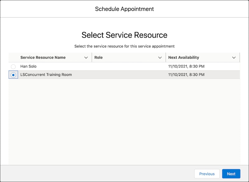 A representation of the Select Service Resource screen.