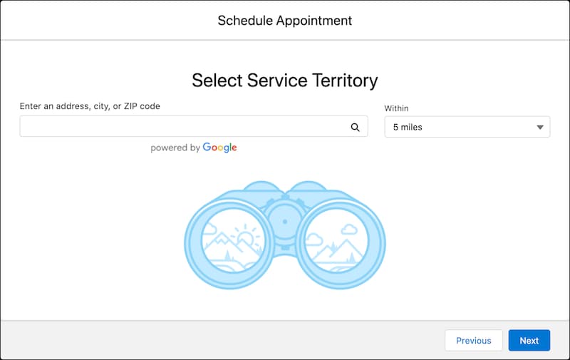 A representation of the Select Service Territory screen.