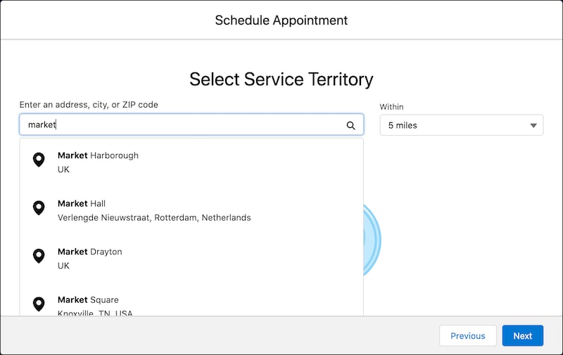 A representation of the Select Service Territory screen.