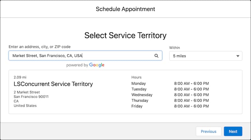 A representation of the Select Service Territory screen.