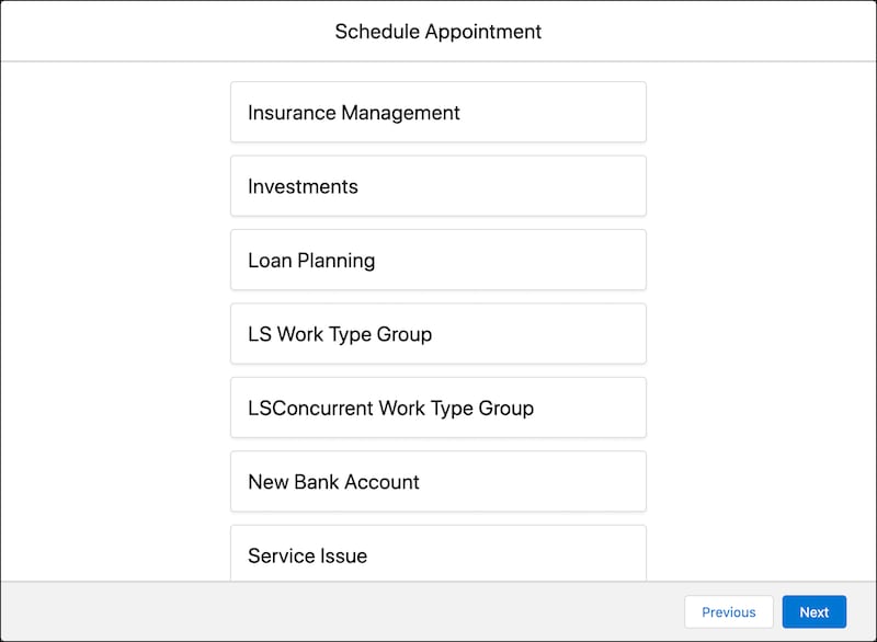 A representation of the Select Work Type Group screen.