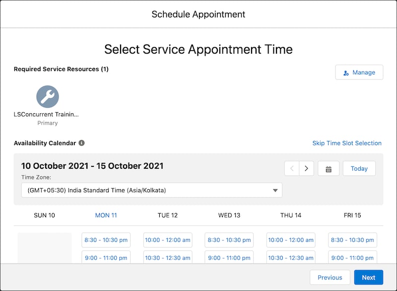 A representation of the Select Service Appointment Time screen.