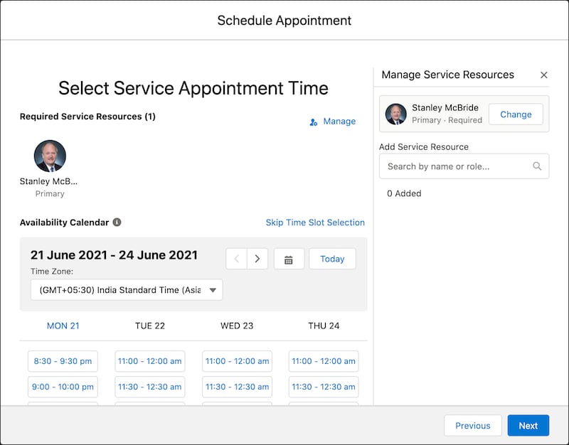 A representation of the manage multiple service resource screen.