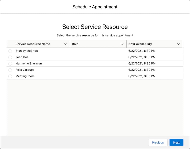 A representation of the Select Service Resource screen.
