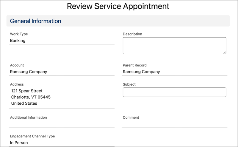 A representation of the Review Service Appointment screen.