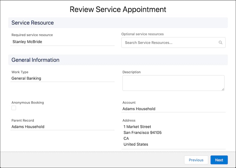 A representation of the Review Service Appointment screen.