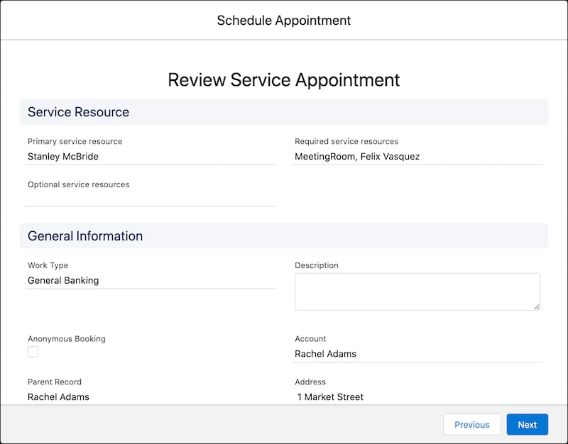 A representation of the Review Service Appointment screen.